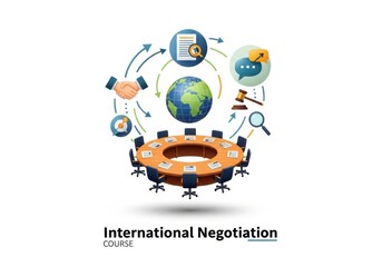 Global business meeting table with international negotiation icons isolated on white background