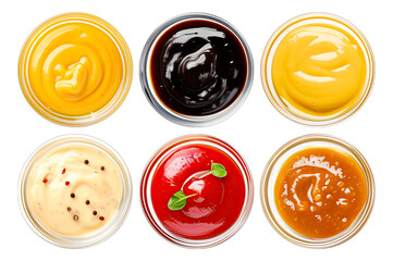 Six vibrant sauces prepared with herbs, chili flakes, soy, and fresh greens, arranged in white bowls for culinary themes and cooking visuals..