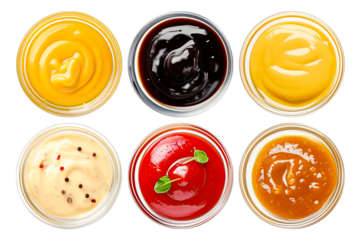 Six vibrant sauces prepared with herbs, chili flakes, soy, and fresh greens, arranged in white bowls for culinary themes and cooking visuals..