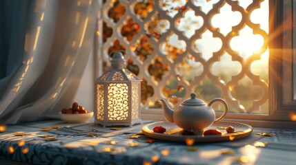 Golden Hour Serenity A Teapot and Lantern Bathed in Sunlight Near a Decorative Window Evoking Warmth and Tranquility