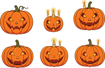 Cartoon jack-o'-lanterns with candles, carved pumpkin faces, Halloween expressions, spooky and funny characters, vector illustration set for decoration and design