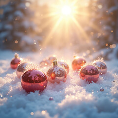 red Christmas ball on snow shines in sunlight