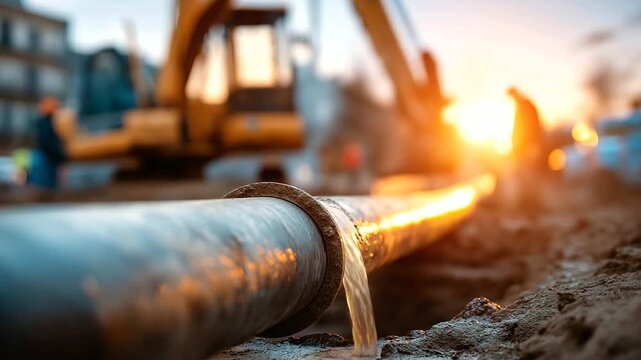 Completed pipeline section with backfill in progress construction phase completion infrastructure burial compaction equipment finished work construction zone defocused with