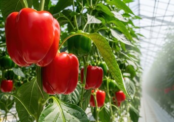 Ripe red bell peppers growing on a plant isolated on white background
