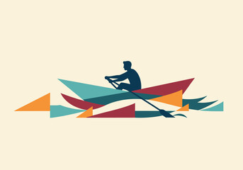Abstract rowing silhouette on colorful geometric waves