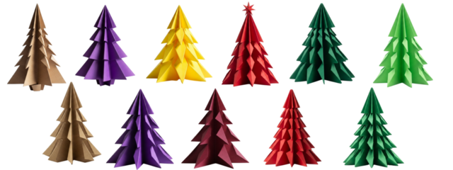 Set of  folded paper origami christmas tree isolated on transparent .
