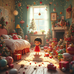 A little girl playing with toys and Christmas gifts