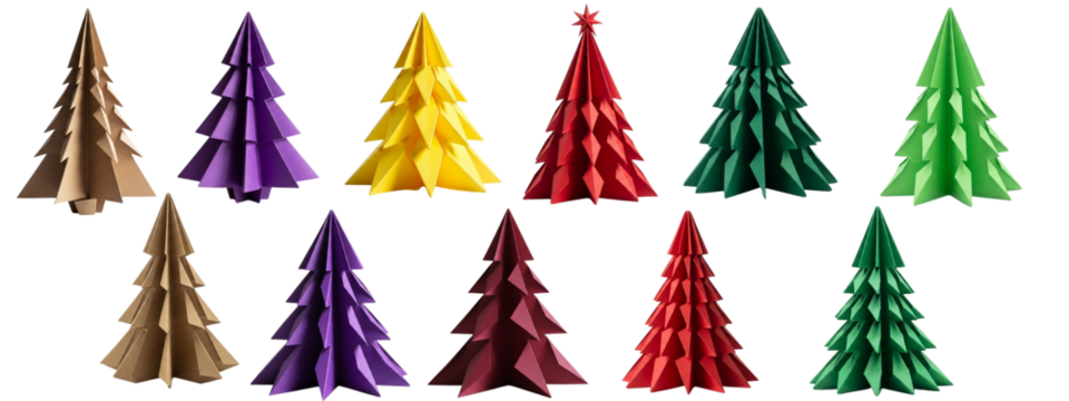 Set of  folded paper origami christmas tree isolated on transparent .
