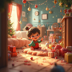 A little girl playing with toys and Christmas gifts