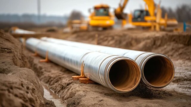 Large diameter insulated pipes lying in excavated trench construction site pipeline installation project thermal insulation visible district heating infrastructure muddy