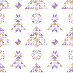 Geometric Christmas trees and snowflakes seamless pattern. Purple and gold triangles festive mosaic on white background