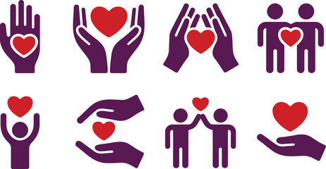 Charity and empathy icon set. Purple and red volunteer, adoption, help, care and support icon vector