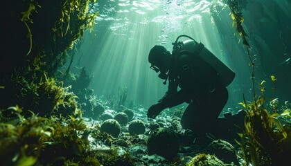 Scuba diver kneeling underwater in bright sunlight