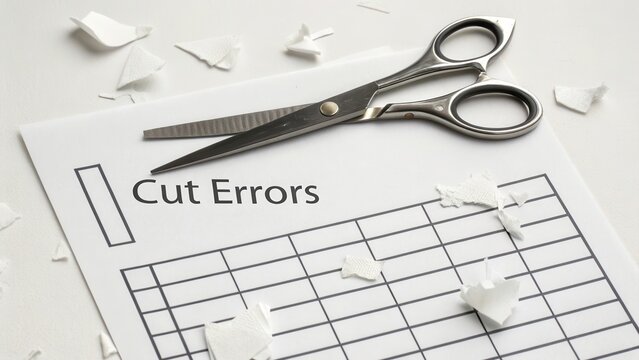 Scissors on white paper cutting out the errors in a grid