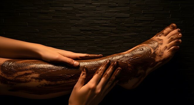 natural herbal body scrub, Body mask treatment Woman applying chocolate mud wrap on her leg
