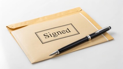 Signed Document and Pen on Beige Folder