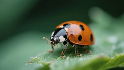 A ladybug perches on a green leaf, presenting a lively insect form and fresh natural aesthetic atmosphere.