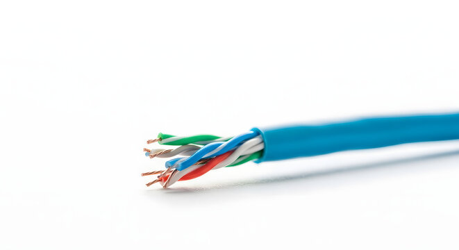 Close-up of exposed wires of a blue Ethernet cable