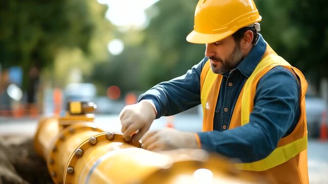 Worker inspecting pipeline joint connection in trench quality control infrastructure construction welded pipe section safety inspection construction site defocused behind pro