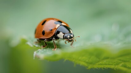 A ladybug perches on a green leaf, presenting a lively insect form and fresh natural aesthetic atmosphere.