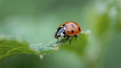 Fototapeta premium A ladybug perches on a green leaf, presenting a lively insect form and fresh natural aesthetic atmosphere.