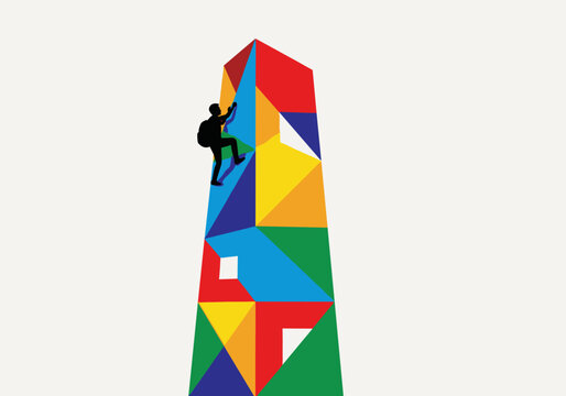 Colorful wall climbing challenge with geometric shapes and gradient design