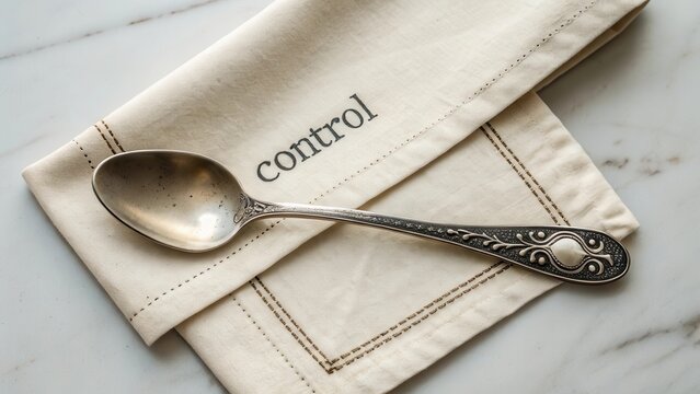 Silver Spoon Resting on a Cloth Napkin Labeled Control