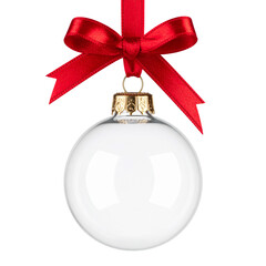 Sparkling Holiday Ornament: A pristine, transparent glass ornament is suspended by a vibrant red ribbon, topped with a perfectly tied bow, radiating festive cheer and seasonal elegance.