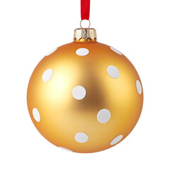 Golden Ornament: A single golden bauble, adorned with white polka dots, hangs suspended by a red ribbon, emanating the festive spirit of holiday cheer.