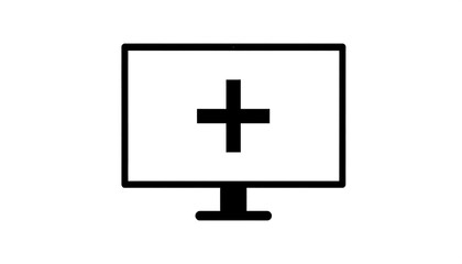 Obraz premium Outline of a desktop monitor with a plus symbol displayed on the screen, simple black and white image