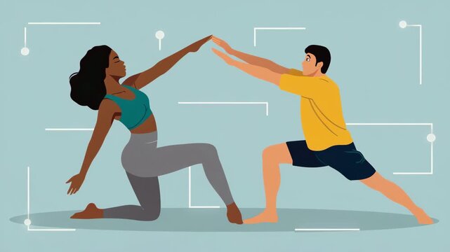 Active Couple Doing Stretching Exercise Together In Modern Flat Fitness Illustration