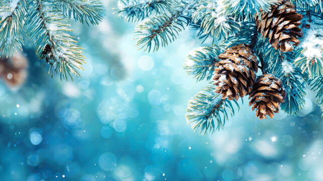 An enchanting winter scene features snowy pine branches and cones against a sparkling icy blue background, perfect for holiday themes and celebrations