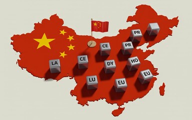 China’s Rare Earth Monopoly – Map with Elements: Lanthanum (La), Cerium (Ce), Praseodymium (Pr), Neodymium (Nd), Gadolinium (Gd), Dysprosium (Dy), Lutetium (Lu), Erbium (Er), Europium (Eu)