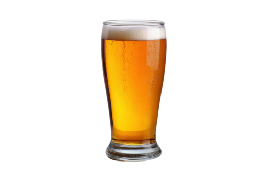 Tall glass of golden amber beer with frothy white head and bubbles drink beverage