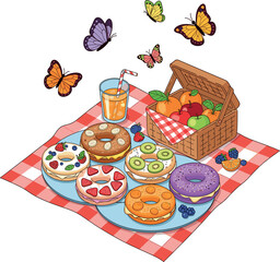 Whimsical picnic with colorful donuts and butterflies on a red gingham blanket (1)