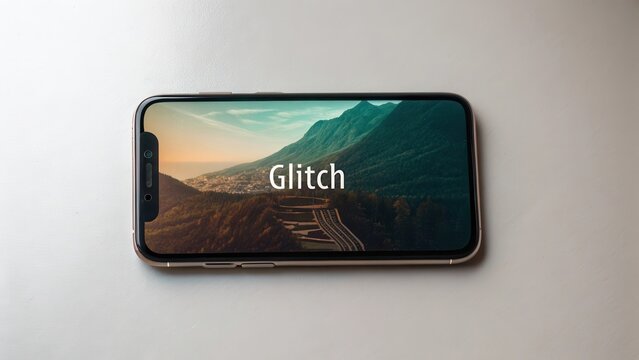 Smartphone showing a glitch effect on mountain landscape
