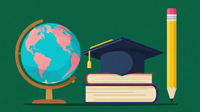 Colorful Globe With Books Graduation Cap And Pencil Representing Global Education