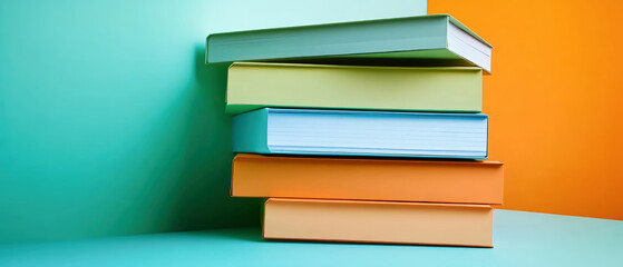 A vibrant stack of office work folders arranged with precision against a clean, colorful backdrop, highlighting an eye-catching blend of hues for a modern workspace