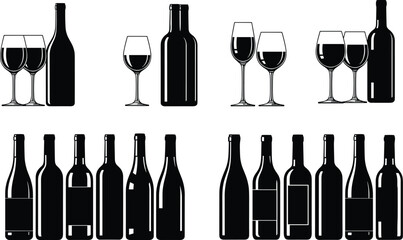 Set of black silhouettes of wine bottles and glasses, alcohol beverage icons for restaurant menu, isolated on white background, vector