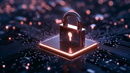 A metallic padlock sits on a glowing microchip, symbolizing cybersecurity and data protection in the digital world