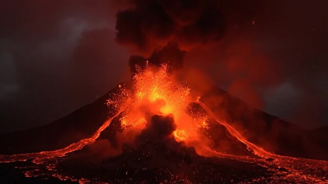 Epic volcanic eruption scene with molten lava, ash, and dramatic pyroclastic flow