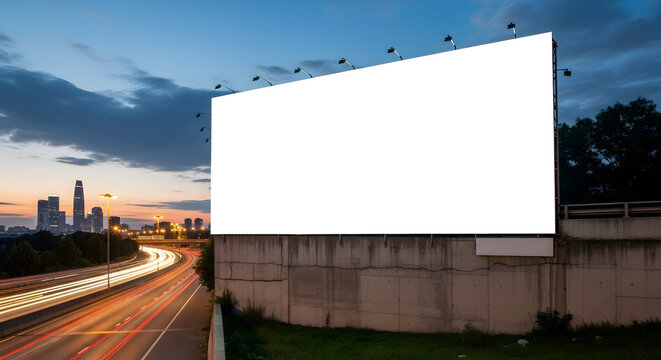 Blank billboard at dusk with city skyline and light trails from traffic