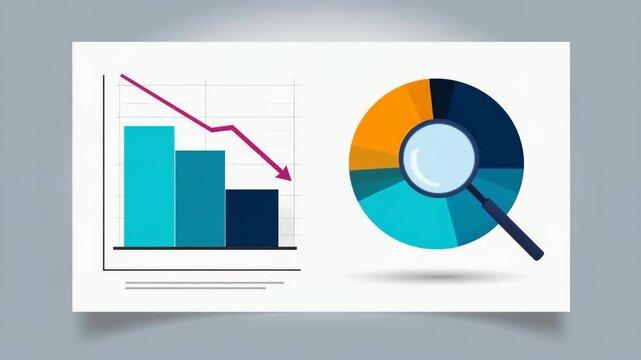 Declining Financial Bar Chart And Pie Graph With Magnifying Glass For Data Analysis