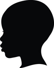 Black silhouette profile of African American child head facing side, isolated on white background, vector illustration of young boy