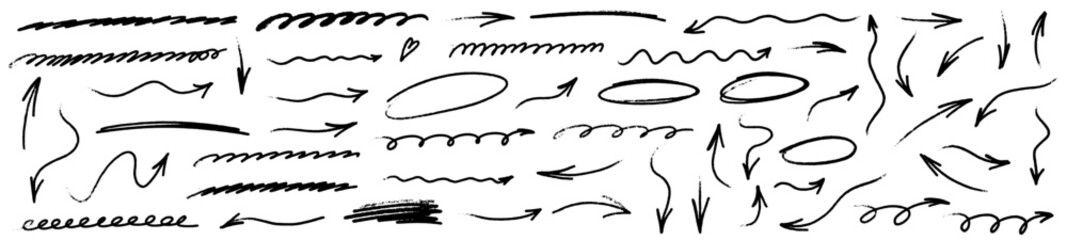 Hand-style arrow icons built with crayon strokes, pencil edges, clear underline accents and energetic brush texture. Each arrow mixes crayon grain, pencil form, underline highlights and brush energy.