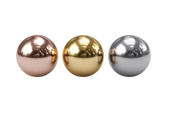 Three polished metallic spheres gold silver copper on black background image