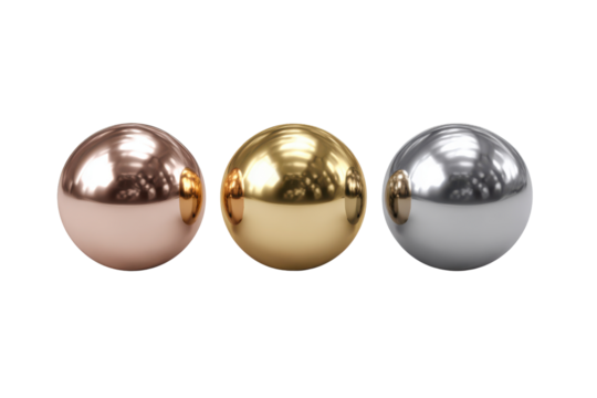 Three polished metallic spheres gold silver copper on black background image