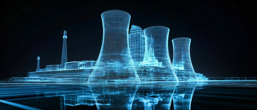 A stunning digital rendering features a nuclear power plant illuminated by a blue wireframe hologram, highlighting its cooling towers against a dark backdrop