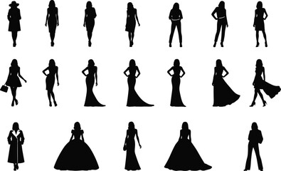 Large collection of black silhouettes of fashion women, models standing in dresses and suits, isolated on white background, vector