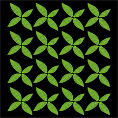 A repeating grid of bright green leaf clusters forms rotating pinwheel shapes, creating a fresh, nature-inspired pattern against a deep black background.